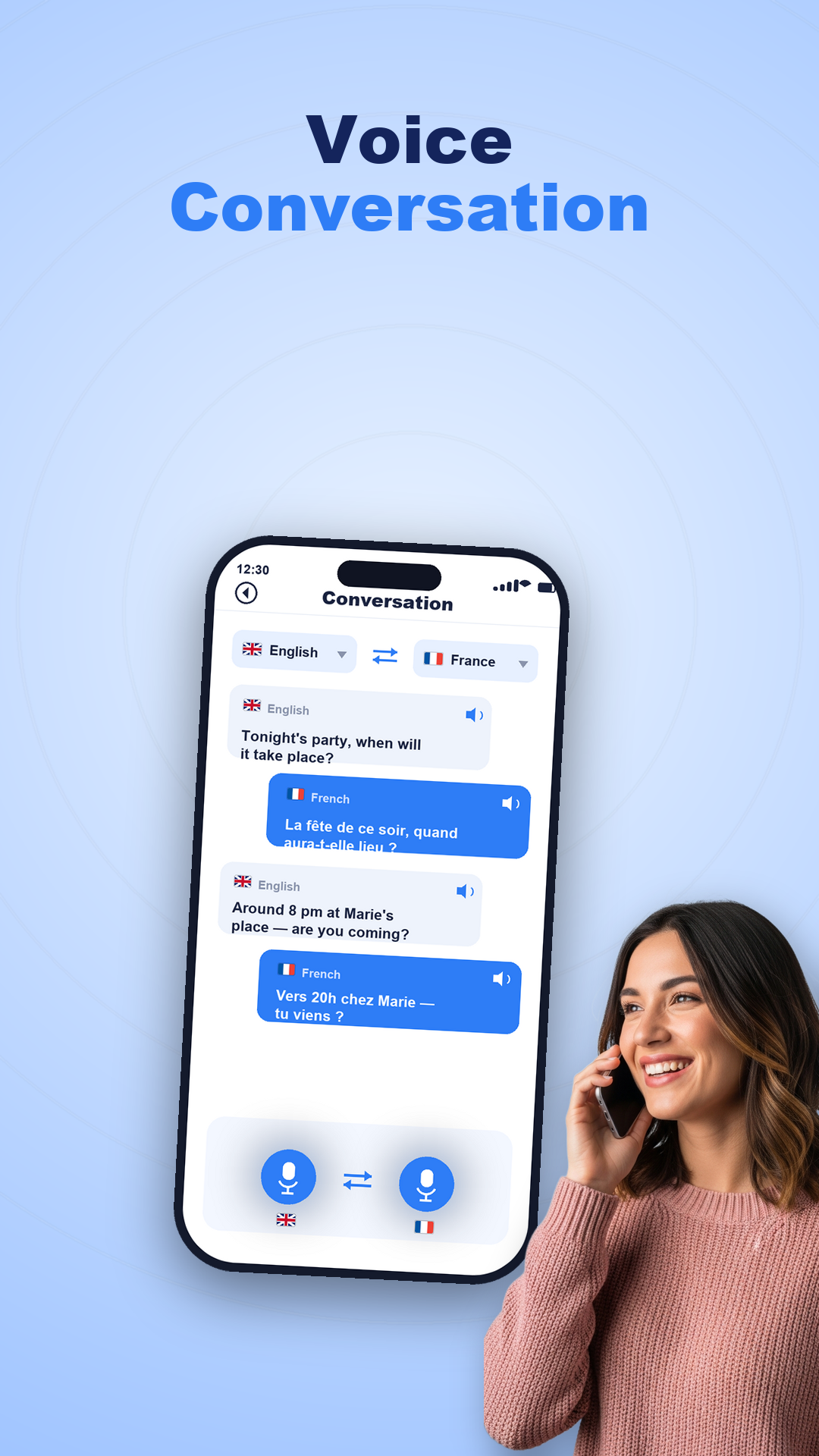 Two-way conversation mode translating between two languages